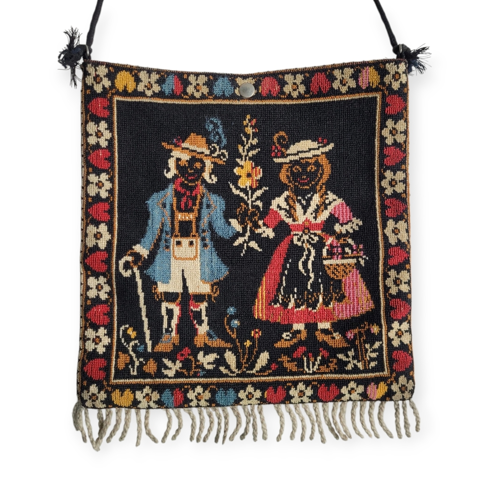 Vintage Bavarian Tapestry Crossbody Bag with Fringe Black Multicolor